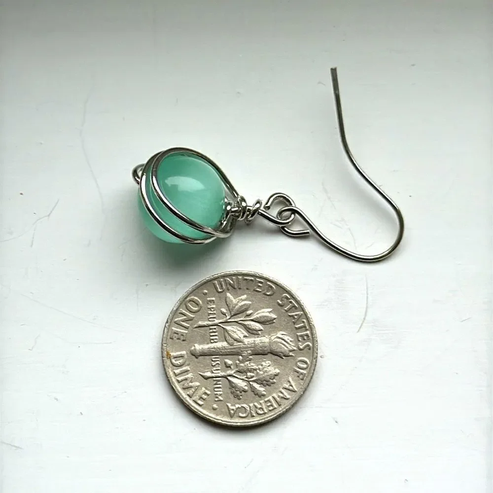 Seafoam Glass Orb Drop Earrings, Minimalist Wire Wrap with Keepsake Pouch